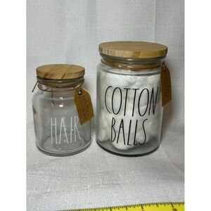 Rae Dunn Bathroom Jars Set Hair‎ Cotton Balls Canisters Wood Lid Farmhouse Decor